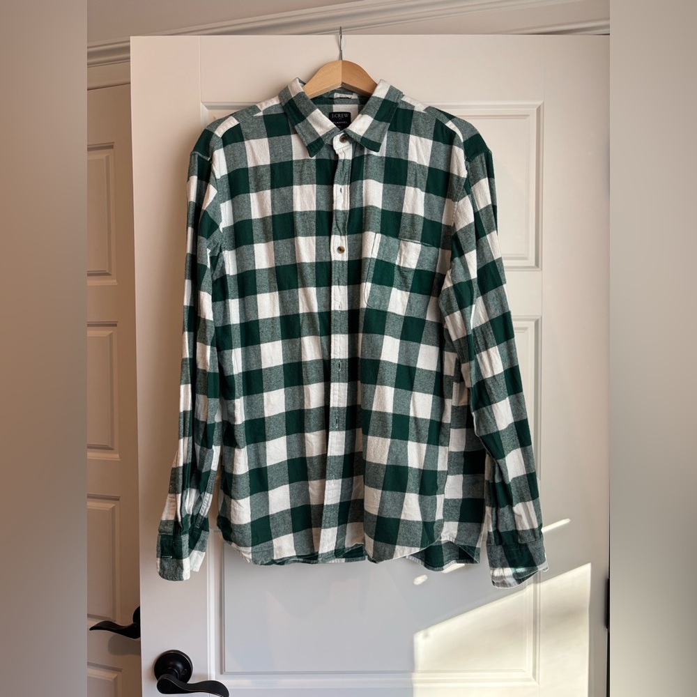 J. Crew Men's Forest Green and White Check Shirt